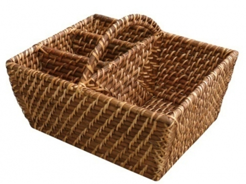 Rectangular rattan flatware caddy - honey color